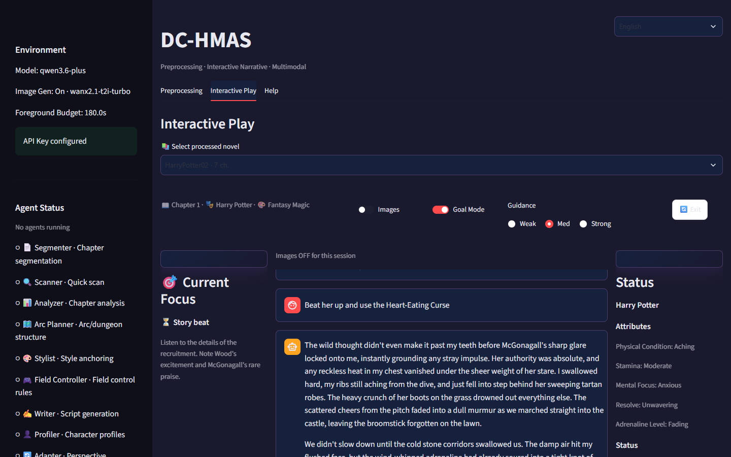 The DC-HMAS prototype interface showing a saved character interaction.